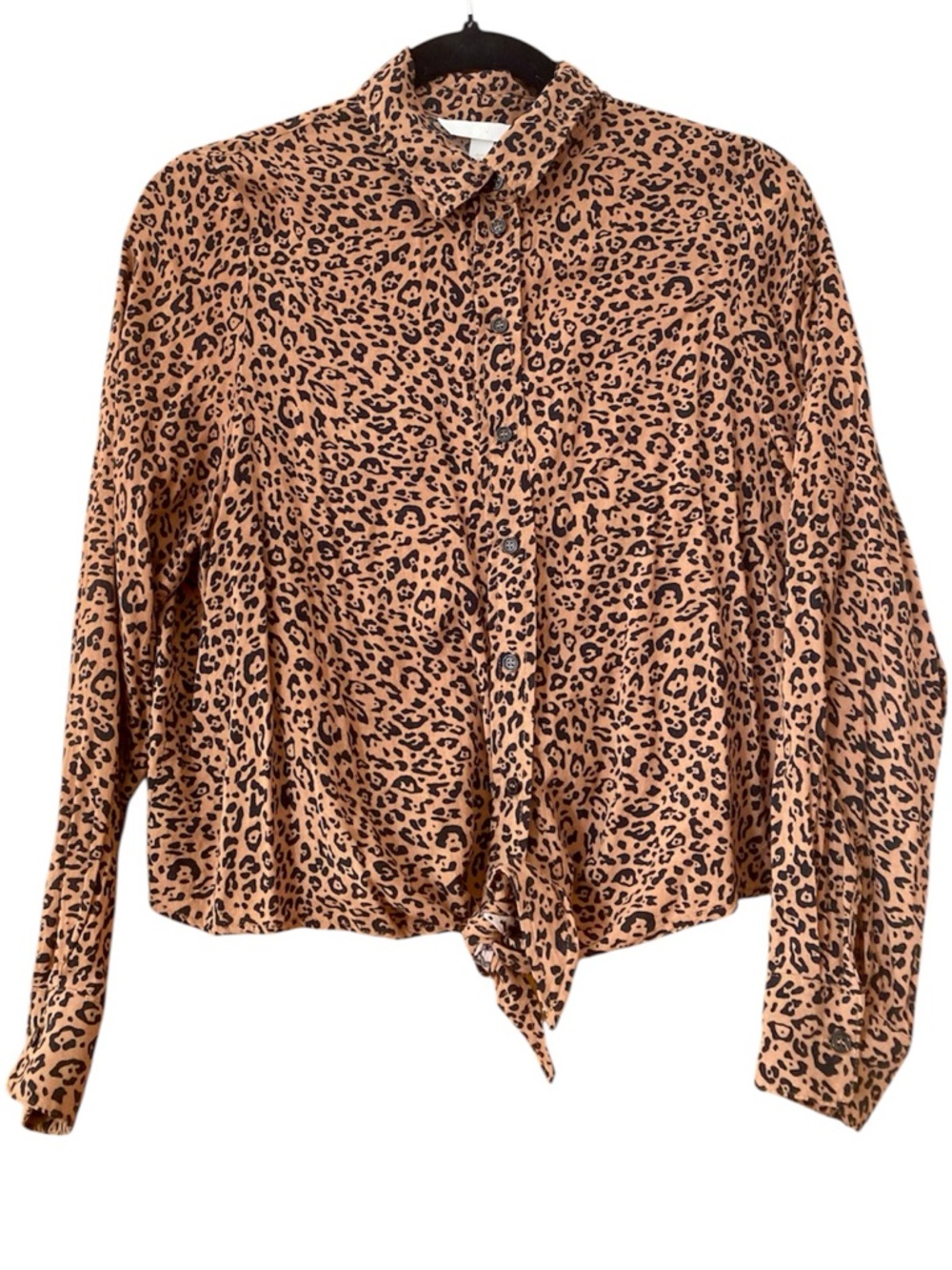 H&M Leopard Print Tie Front Blouse Size 6 Long Sleeve Cropped Button Front Top